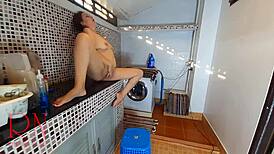 Nudist housekeeper regina noir strokes herself in laundry. Naked maid gets off as curvy housewife.