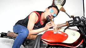 On a motorcycle ride, the guy engages in intense gay anal sex with his colombian partner, moaning loudly in high definition.