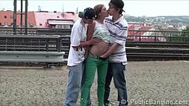 Cute teen Alexis Crystal gets cum on face in wild public gang bang orgy