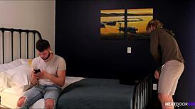 in overbooked hotel, hot guys share bed and get intimate