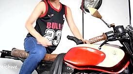 On a motorcycle ride, the guy engages in intense gay anal sex with his colombian partner, moaning loudly in high definition.