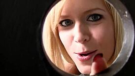 A blonde milf has great sex in a glory hole bathroom in Texas