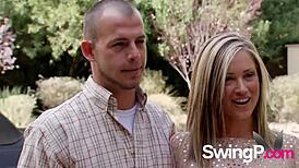 Brunette and blonde explode in sex games outside before swinger orgy!