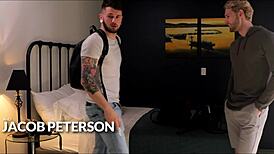 in overbooked hotel, hot guys share bed and get intimate