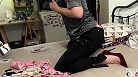 French amateur in green leather pants and red satin bodysuit with heels gets doggy style pov ass licking blowjob and spanking