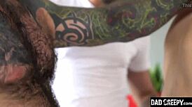 Stepdad and stepson dive into raw orgy with intense gay action.