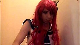 redhead crossdressing amateur solo jerks off in homemade setting