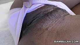 ebony babe gets interracial panty fucking and creampie!