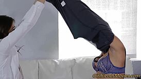 Teen in uniform gets licked by girl in high heels
