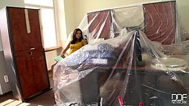 Teen gives blowjob in office gloryhole for cumshot