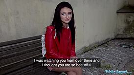 Public agent says, rip my nylons, fuck my pussy hard outside!