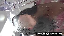 Teen 18+ Licking Wet Shaved Pussy in Bathroom Close-Up