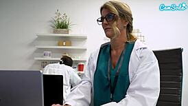 this sexy milf nurse with big tits fingers herself at work