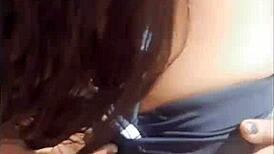 Double penetration in the river with natural tits