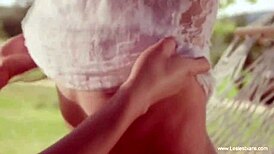 Tan Girlfriends Feel Passionate Love Outdoors with Toys and Kisses