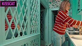 Busty maid’s first day includes rimming, ball sucking, doggy, missionary, and cum on ass.