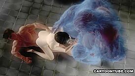 Busty 3D babe faces double team in jail cell.