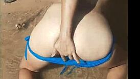 Double penetration in the river with natural tits