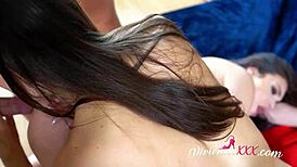 hannah and lilu give a double blowjob in a hard threesome.