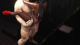 In the glory hole room, a hot ebony girl with pigtails gets fucked in missionary, doggystyle, and more extreme positions