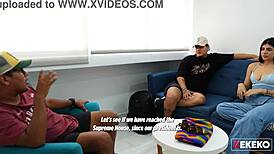 Seducing my stepbrother's gay friend at home alone, flashing my curvy body.