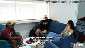 Seducing my stepbrother's gay friend at home alone, flashing my curvy body.