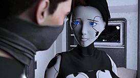 Horny busty brunette AI robot gives intense blowjob in gaming visual novel