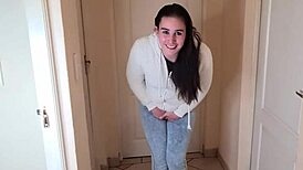 desperate teen pissing messily in jeans and fleece jacket, huge homemade fetish amateurs