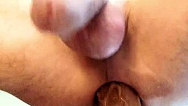 Gay teen bent over in painful doggystyle fuck with dildo and monster cock