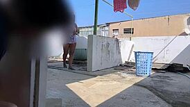 I can't help spying on my busty neighbor hanging clothes