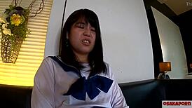 Wow, check out this cute 18-year-old Asian in sailor uniform having her first squirting with 20+ orgasms from fingering and toys!