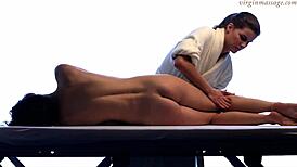 Little tight virgin teen gets oiled massage on her petite body