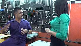 Mechanic Working On Bodybuilder's Muscular Body