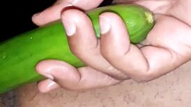 Sexy Indian Wife Oils Up for VIBRATOR and CUCUMBER Play