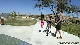 Two asian cuties share white cock, gobbling it eagerly