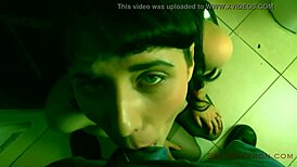 The wife gave a sloppy blowjob in the bar bathroom, spitting and getting a cumshot all over her lipstick.