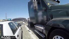 Why not screw the cops? naughty thick white girl bends over for sex in cop car blowjob doggystyle