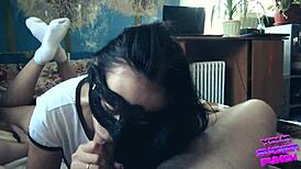 In the student hostel, a teen eagerly swallows cum from a sloppy blowjob.