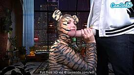 Big-boobed Pussy Cat teases on Camsoda, masturbating and sucking a huge dildo live.