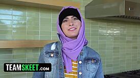 Arab slut with hijab masturbates for boyfriend then swallows his big cock