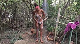 indian babe taking a wild nude shower outdoors at public resort! 🌿
