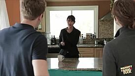 Two Rowdy Neighbors Slam Brunette Slut with Hard Anal Pounding