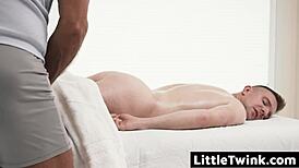 Big Guy's Expert Touch Relaxes Hard-Working Athlete at LittleTwink! Intense Rimjob Action!