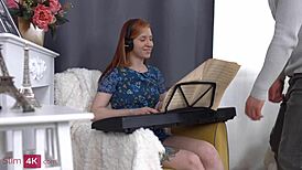 Slim4k red-haired teen babe gets ass fucked hard, bent over, with cumshot in mouth