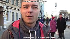 Blonde beauty lands in public threesome for quick cash on camera.