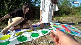 Unforgettable twister strip game in forest! Double blowjob challenge awaits!