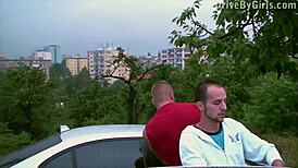 Girl Teases With Ass Out Car Window For Public Gangbang