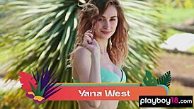 Big-boobed Ukrainian blondie Yana West strips and poses on hillside