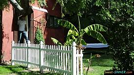 big tits teen gets wildly fucked outdoors in close-up missionary