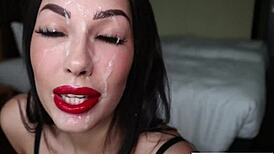 no hands deepthroat with red lipstick makes big cumshot mess on cute teen face